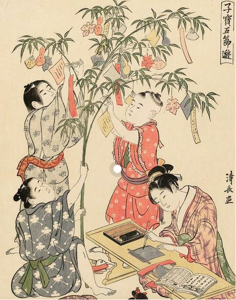 Making Tanabata decorations (old print)